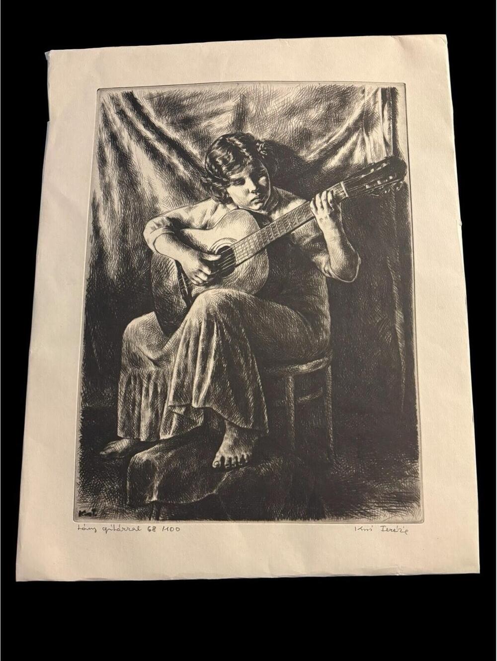 Kiss Terézia (1928) "Lány gitárral" (1968)- Rare #1/100 Etching Hungarian Girl